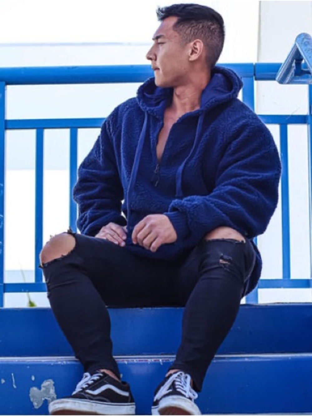 Jed North Men's Sherpa Fleece Half Zip Pullover Hoodie Navy Blue Size XL
